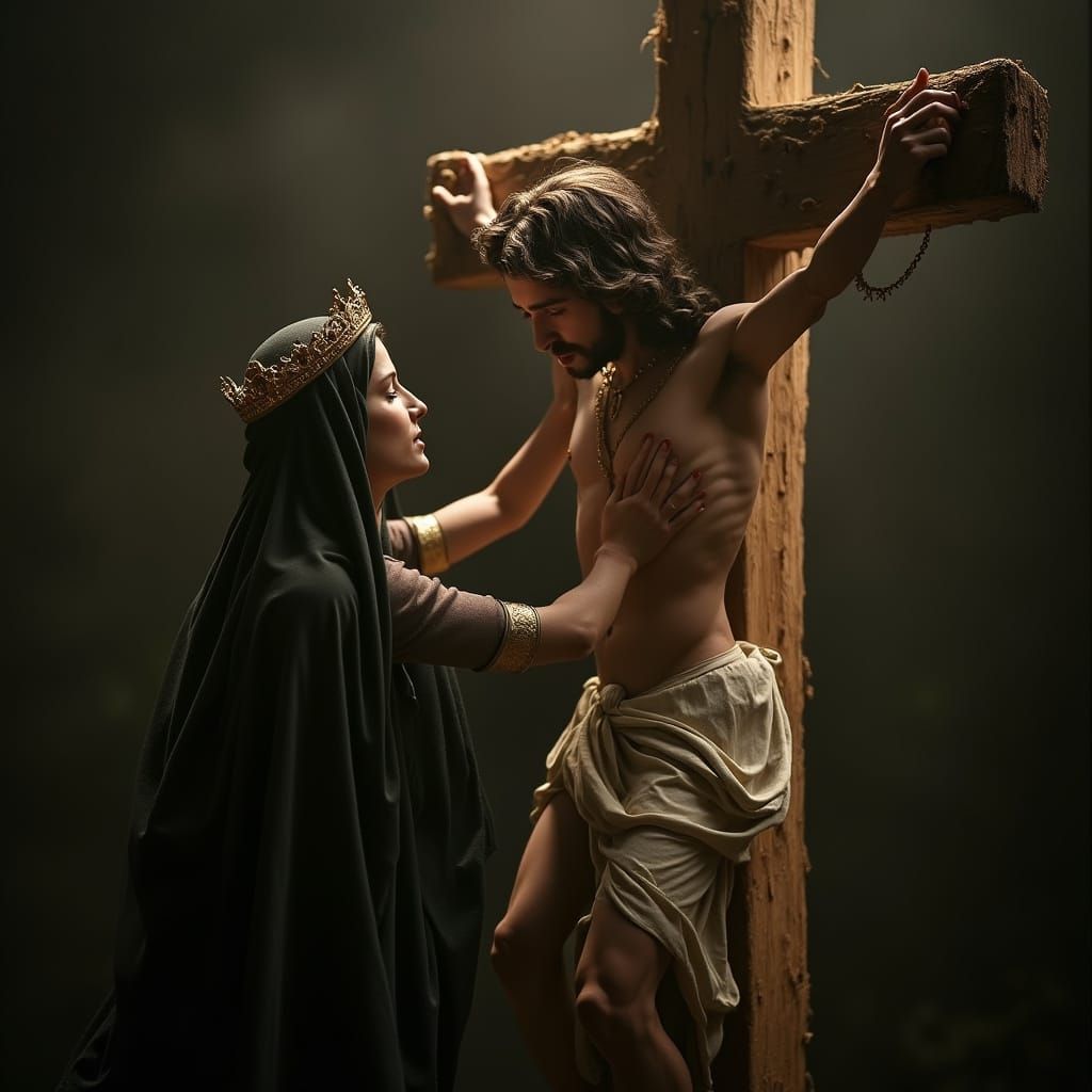 Mother Mary at the Cross of Jesus in Cinematic Film Style