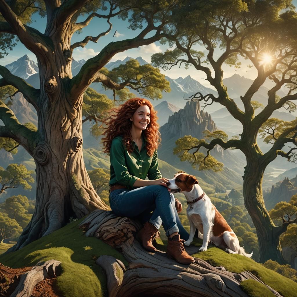 Lady in Emerald Silk on Oak Tree