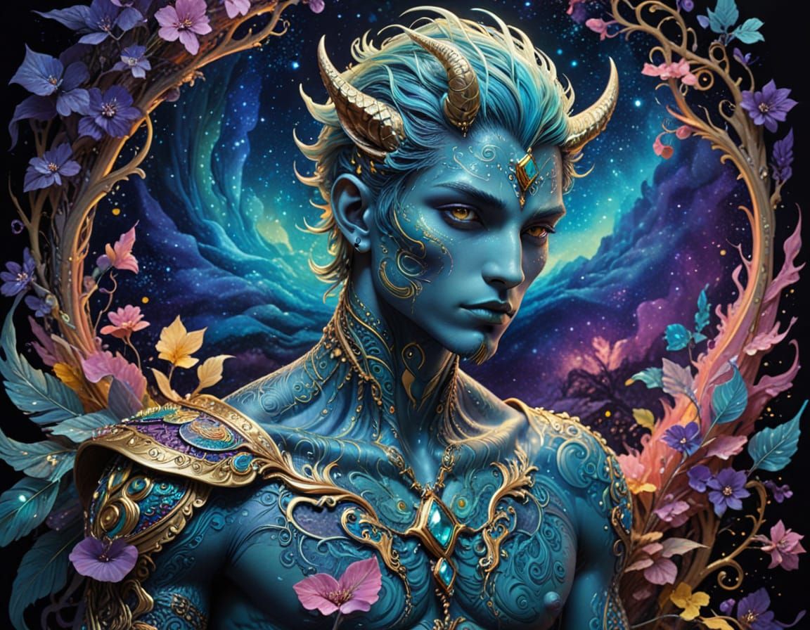 Golden Pointillism Fantasy Hybrid Creature with Tribal Tatto...