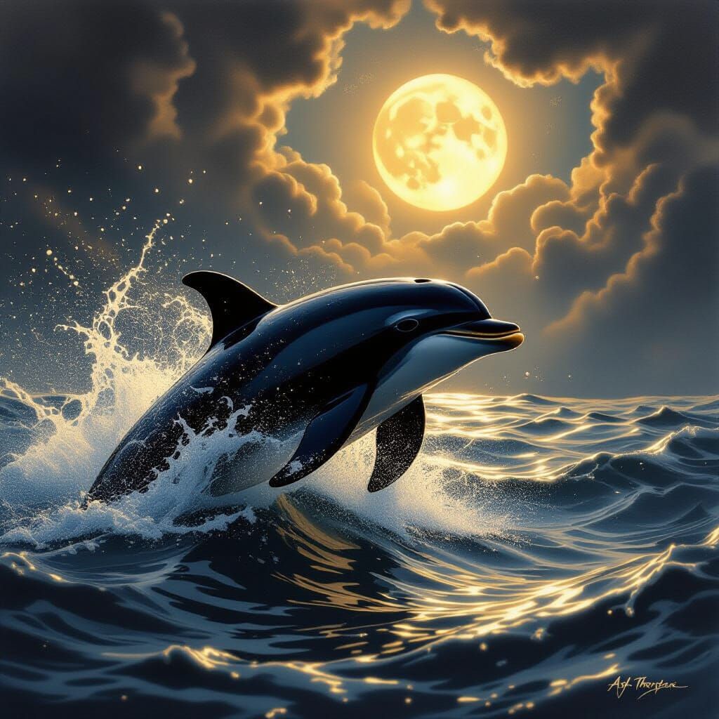 Dolphin in Moonlit Water: Hyper-Detailed Charcoal Drawing