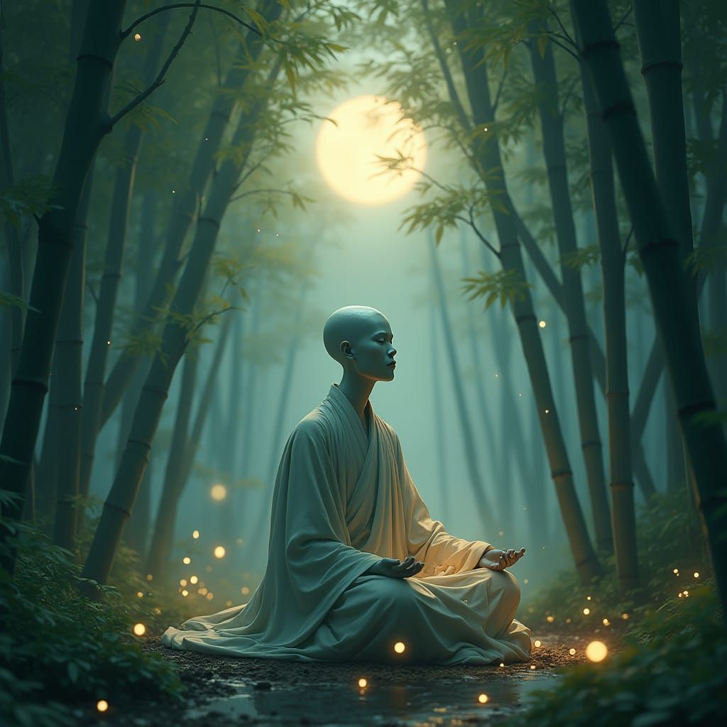 Spectral Monk Meditating in Bamboo Forest, Matte Painting