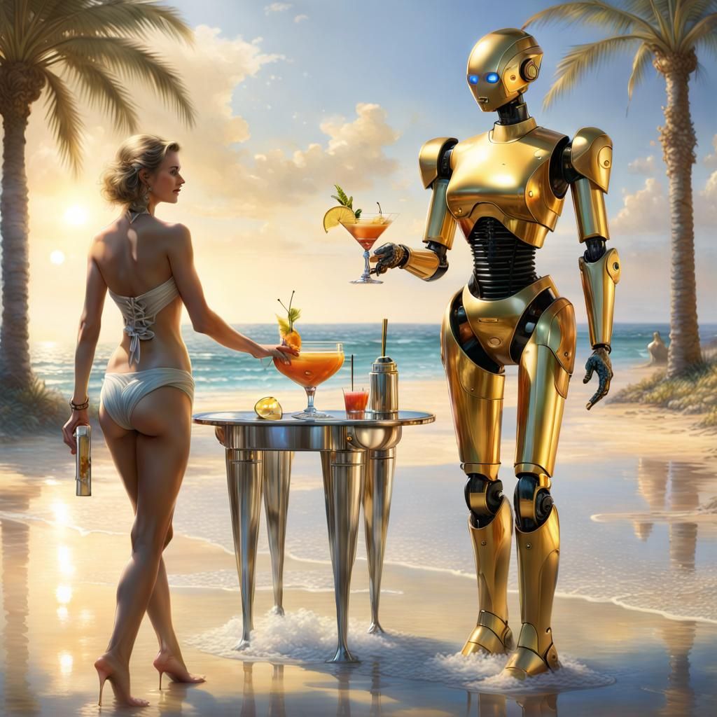 Golden Robot Butler Serves Cocktails at Beach