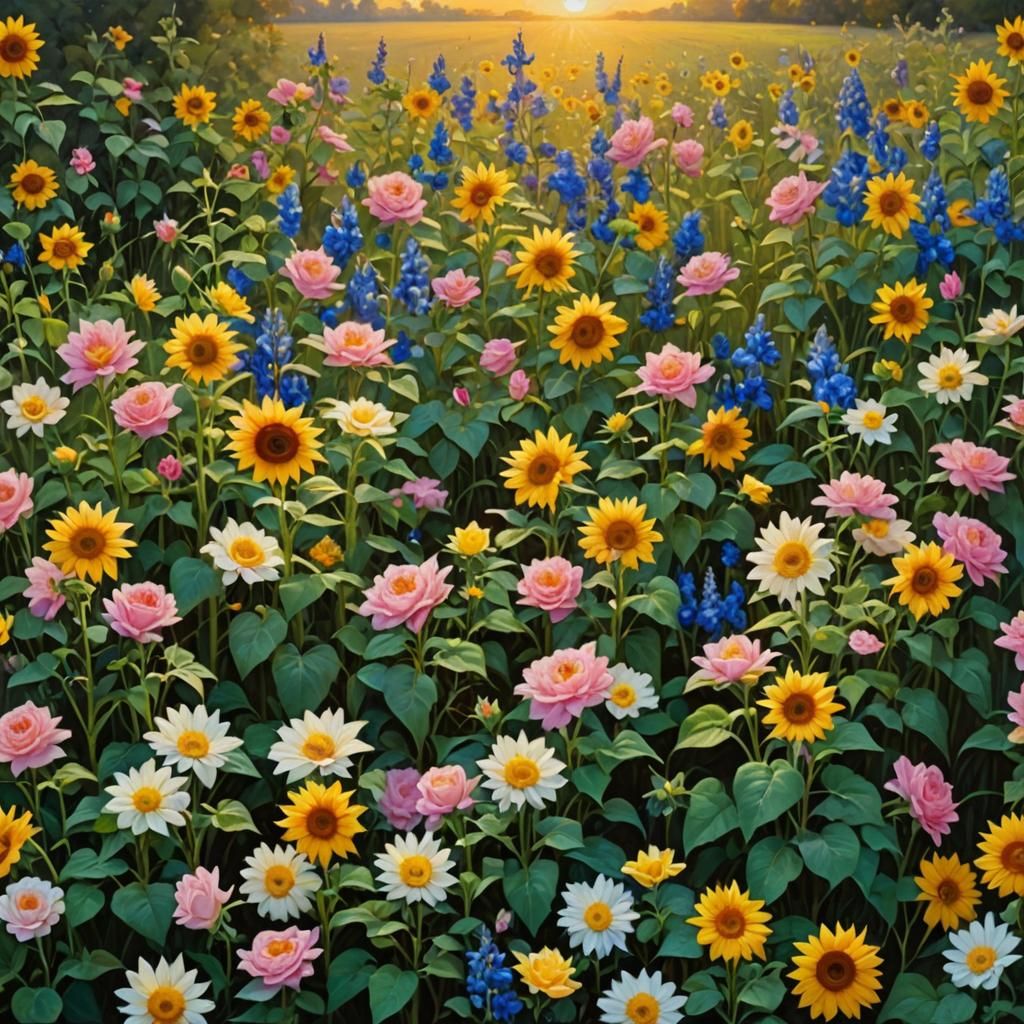 Floral Meadow at Sunset in Oil Painting Style