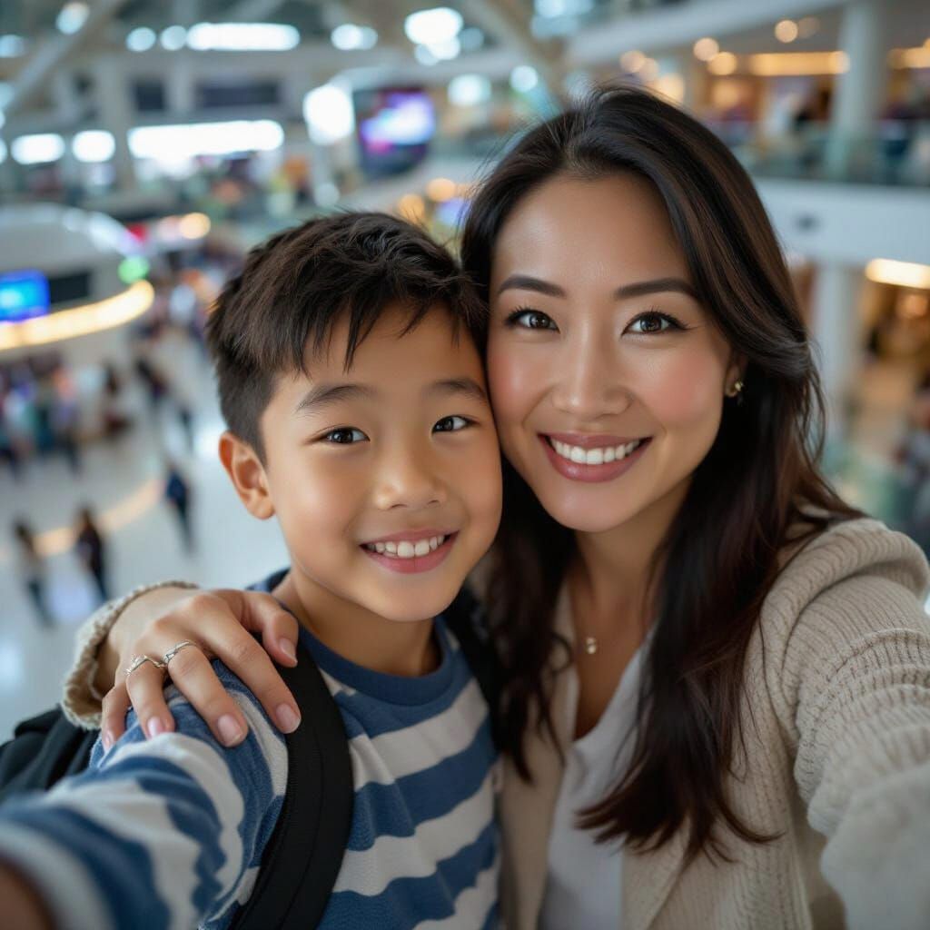 Son and Mother Selfie at Space Center in Photorealistic Styl...