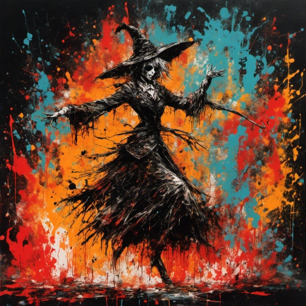 Witch Dancing Around Fire in Ink Painting Style