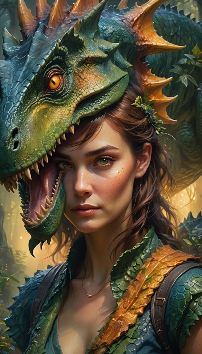 Ethereal Woman Dinosaur Transformation in Enchanted Forest