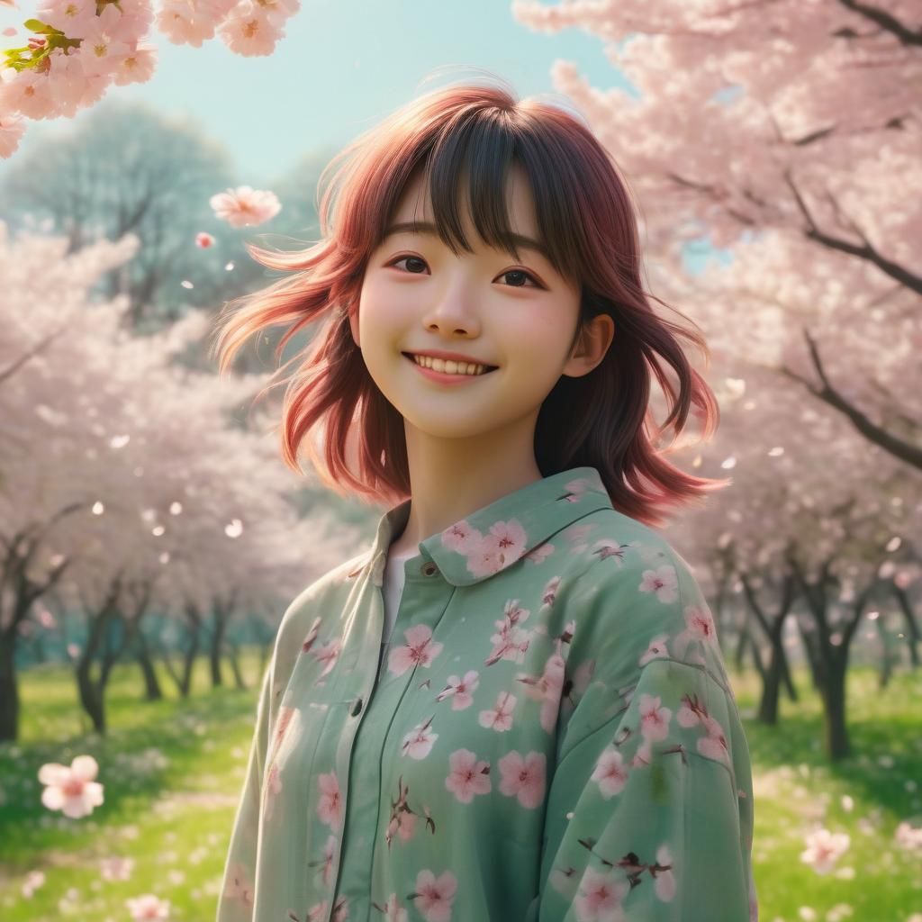 Smiling Person in Cherry Blossom Field, Anime Style