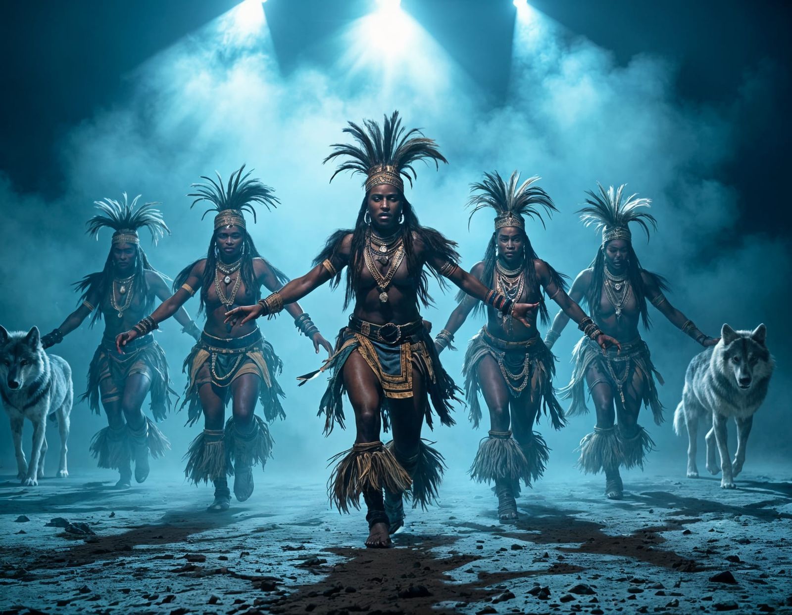 Dynamic African Tribal Dance in Dark Blue Spotlight
