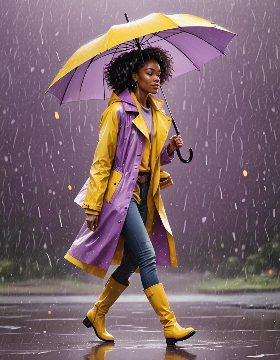 Joyful Woman with Purple Umbrella in Digital Illustration