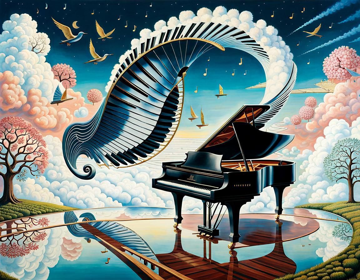 Flying Grand Piano Over Crystal Palace: Surreal Art