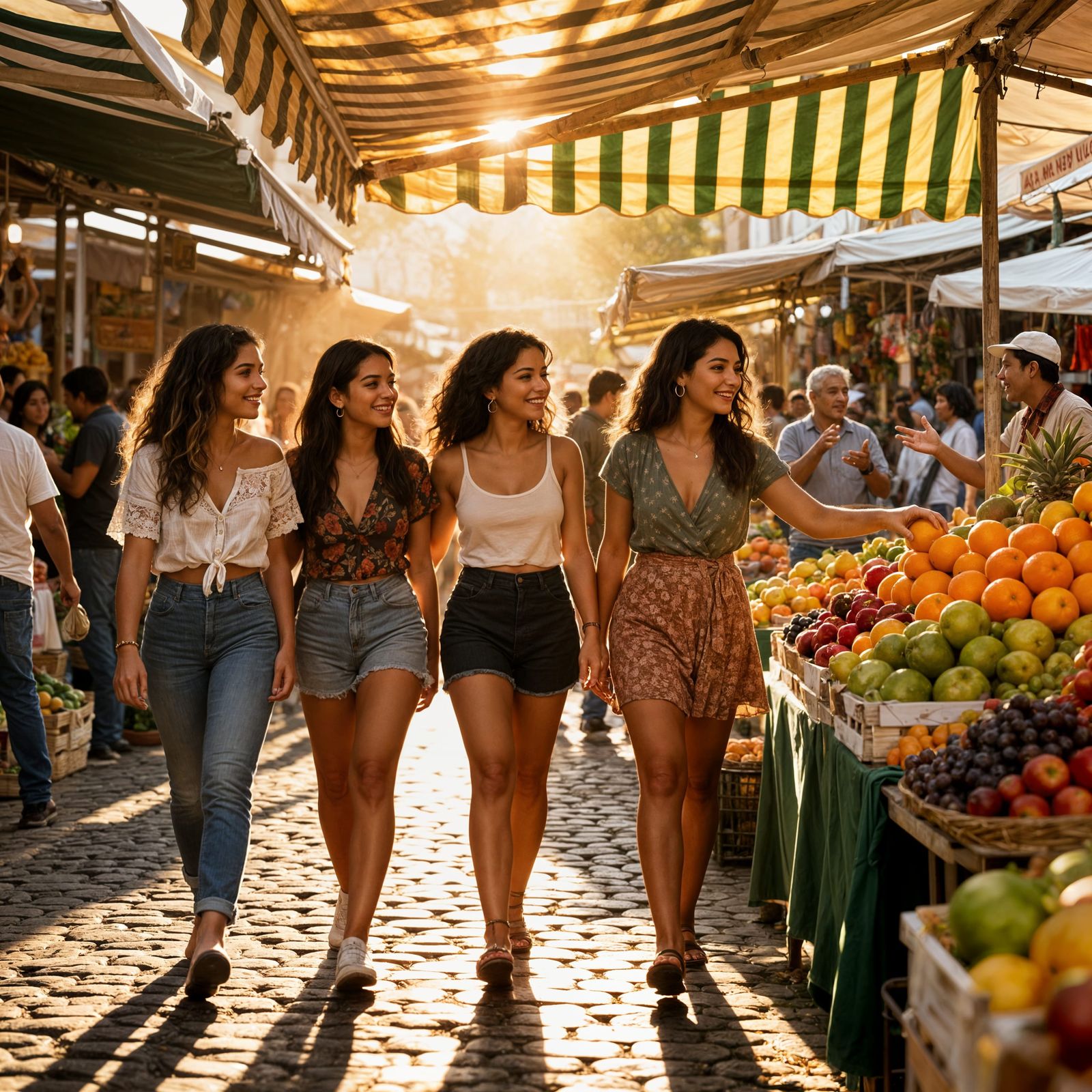 Latina Friends Explore Vibrant Open-Air Market