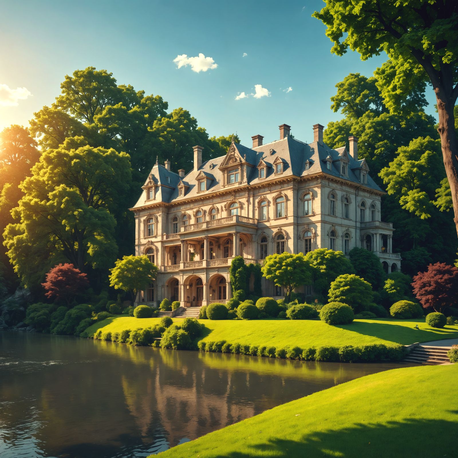 Luxurious Mansion Reflected in River Waters