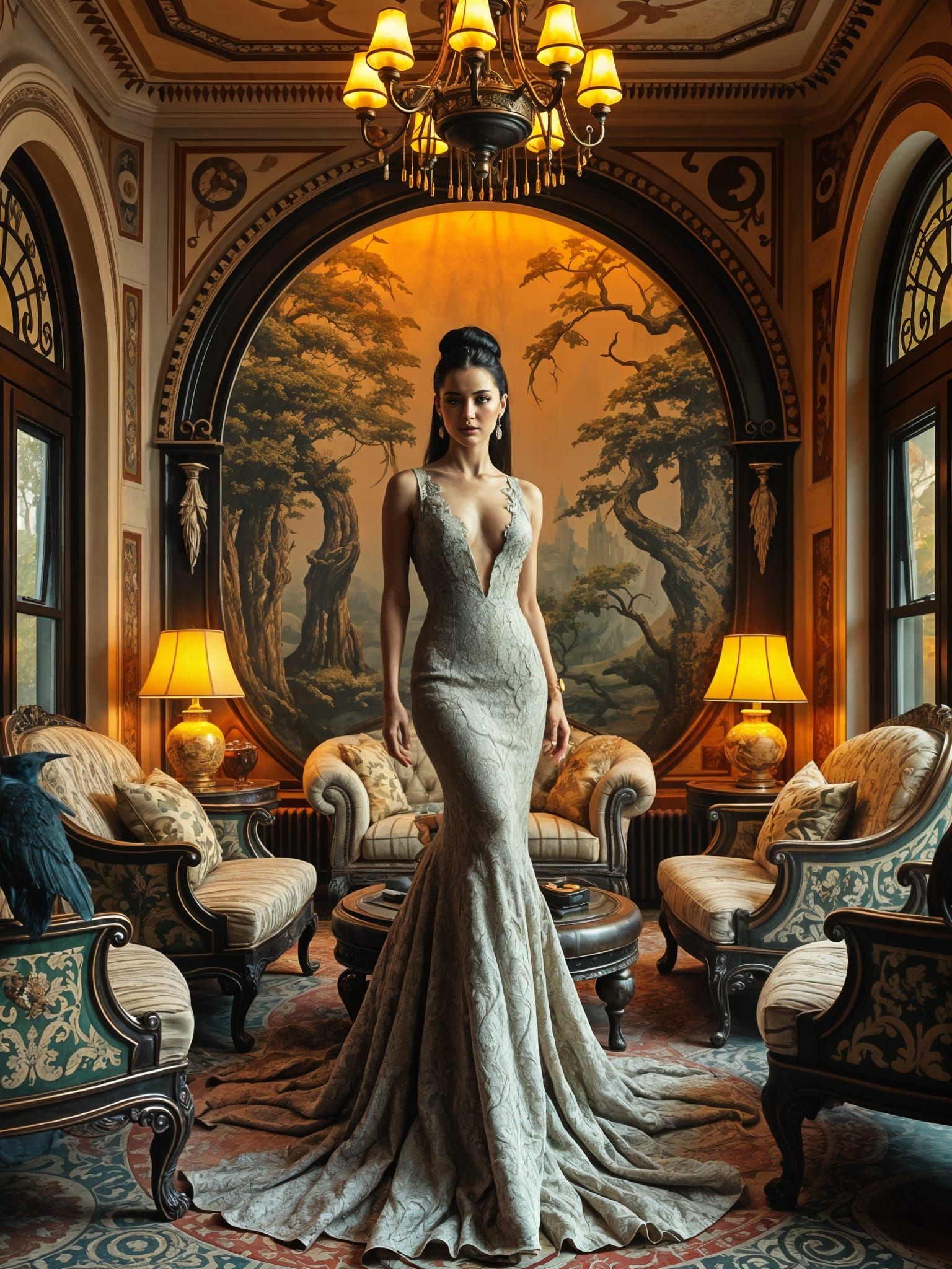 Elegant Surrealist Interior with Woman in Haute Couture