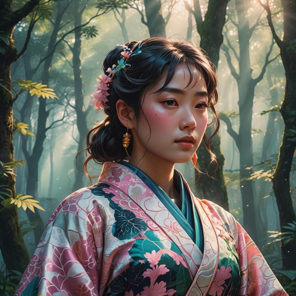 Vaporwave Kimono Woman in Glowing Forest