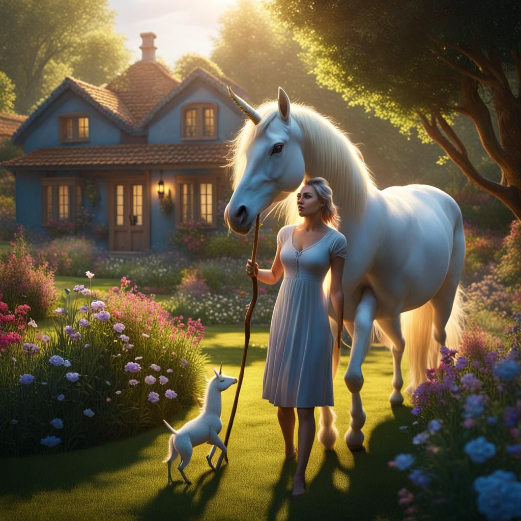 Woman Chases Unicorn from Garden in Hyperrealistic 3D