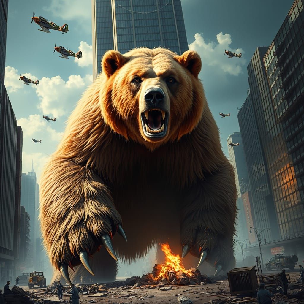 Colossal Brown Bear Engages Urban Skyscraper in Epic Battle