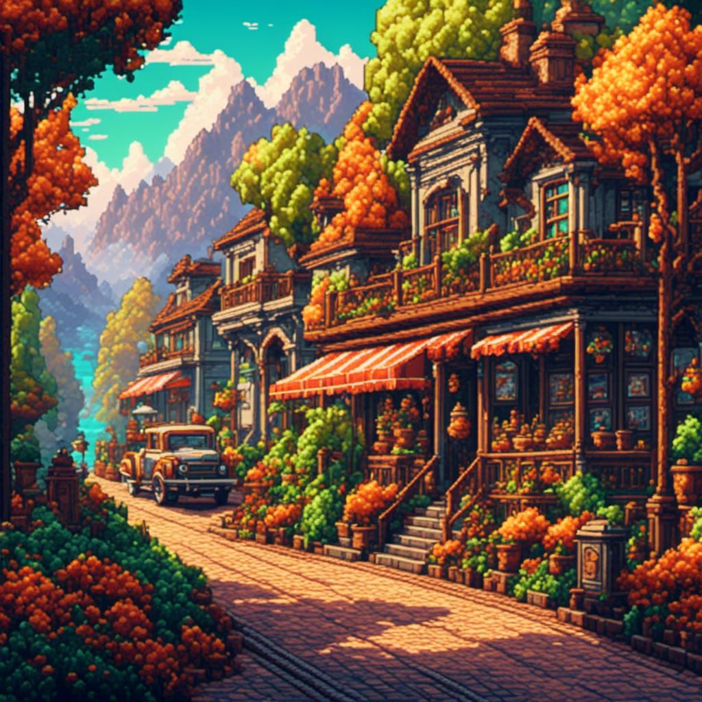 A pixelated country street