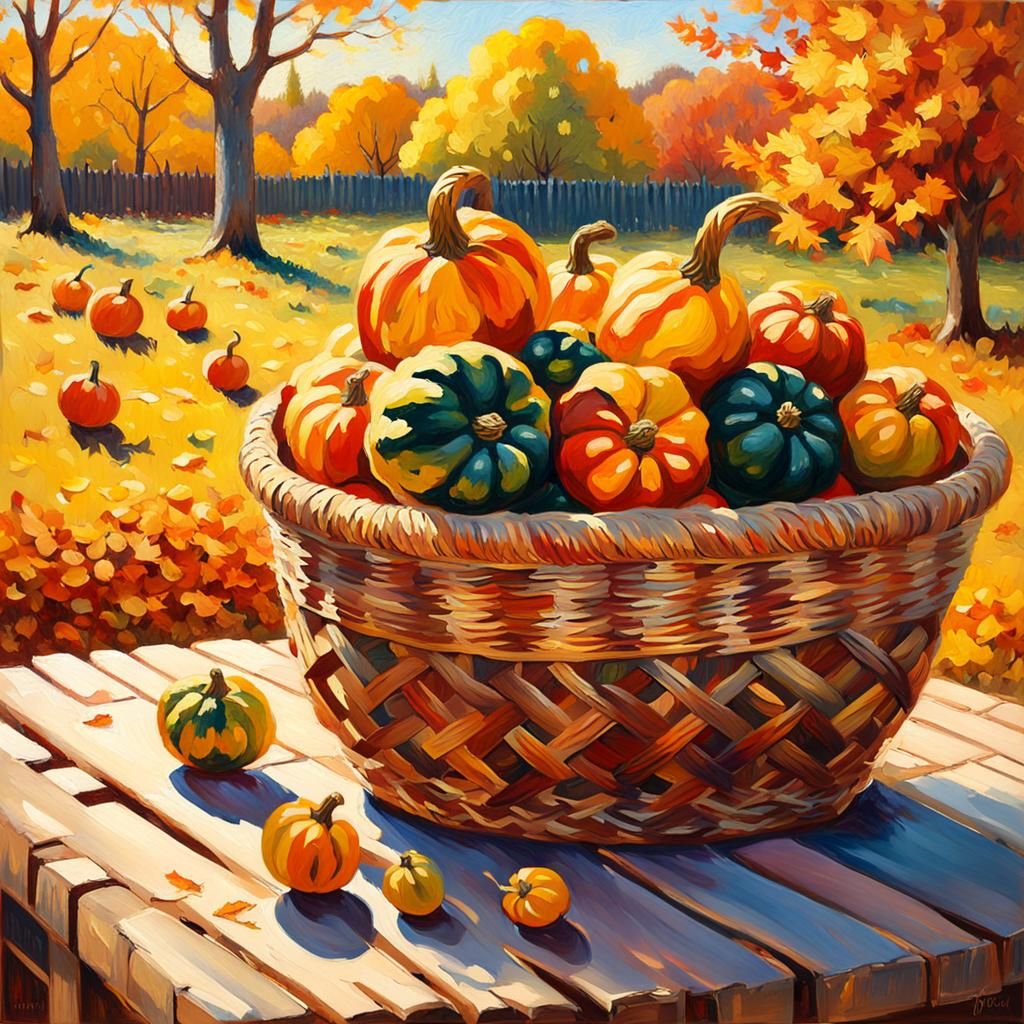 Gourds in Autumn Orchard, Neo-Impressionist Oil Painting