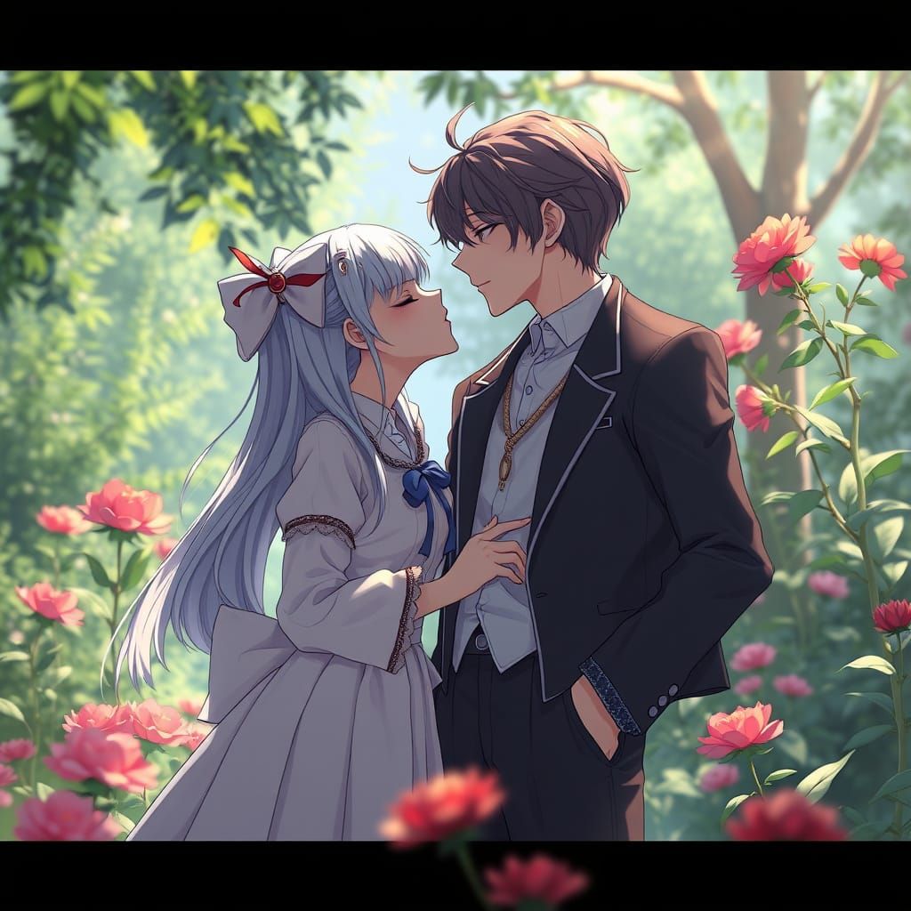 Anime Style Garden Kissing Scene in 3D