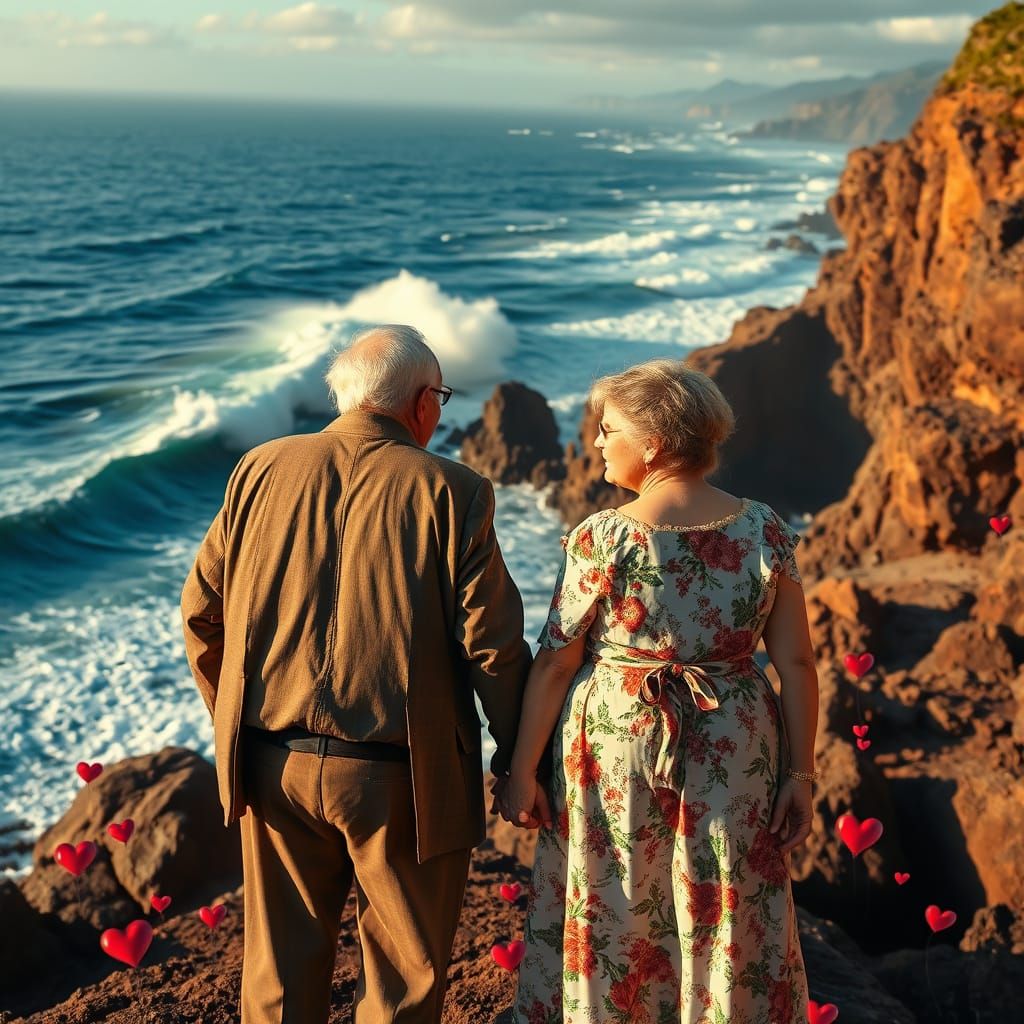 Elderly Couple's Loving Gaze on Pipeline's Rugged Coast