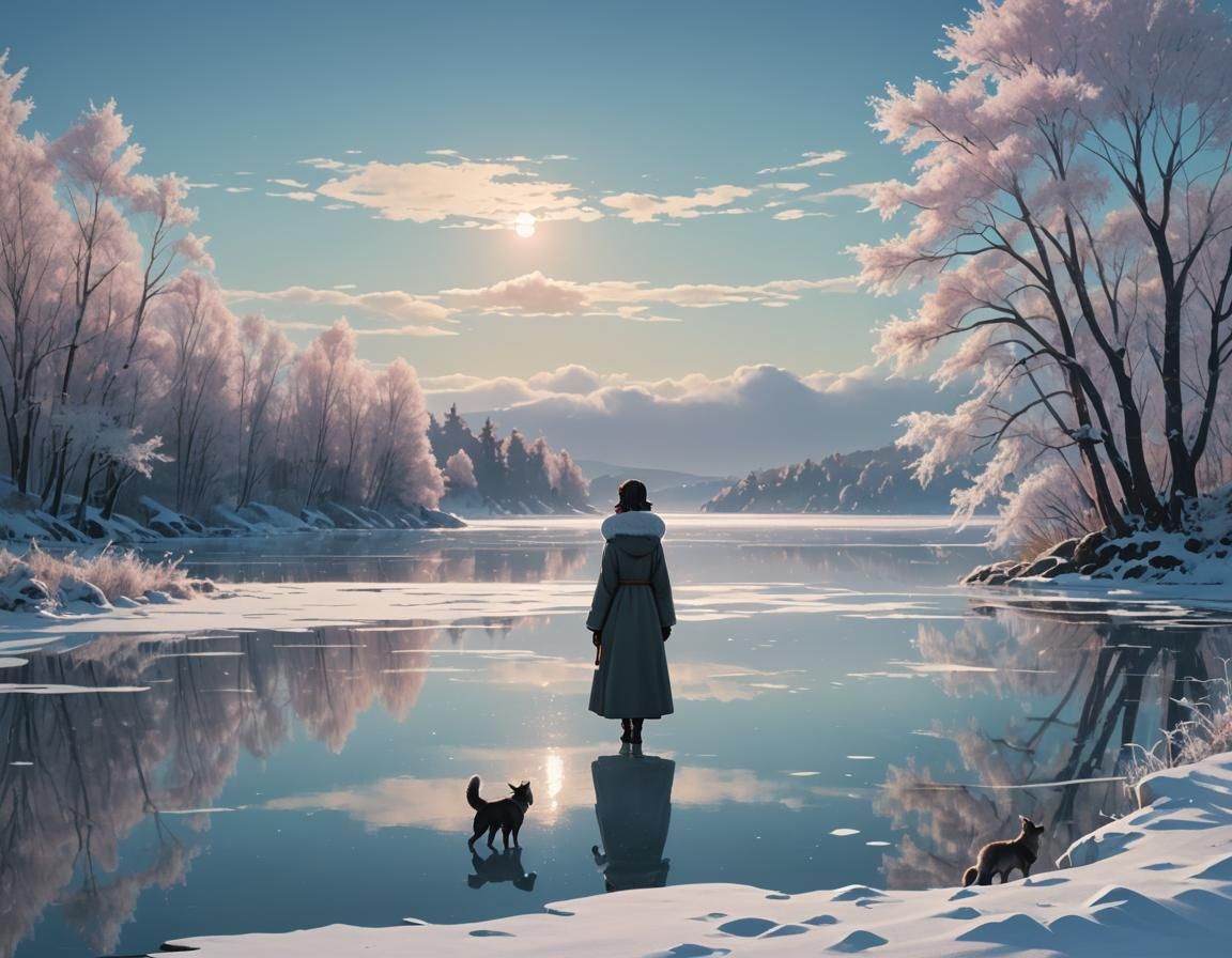 Ghibli Anime Woman and Silver Fox on Frozen Lake
