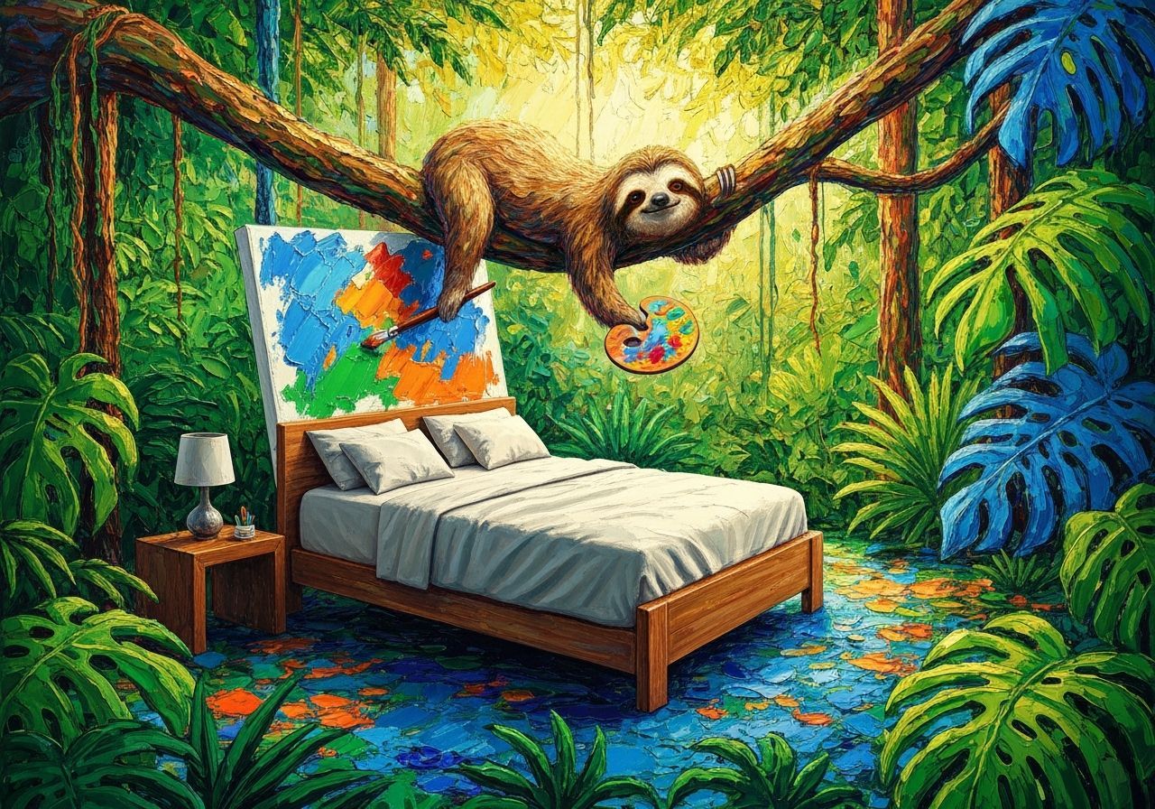 Sloth Artist Paints Realistic Bed in Jungle, Impasto Style