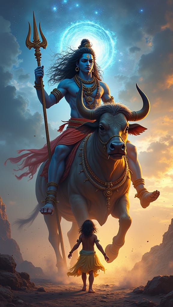 Lord Shiva on Nandi in Vivid Indian Style