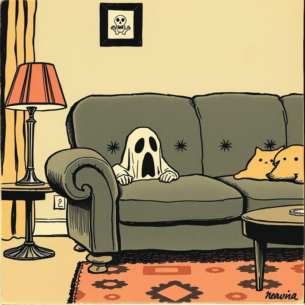 Macabre Ghost Hides Behind Sofa in Dark Victorian Style