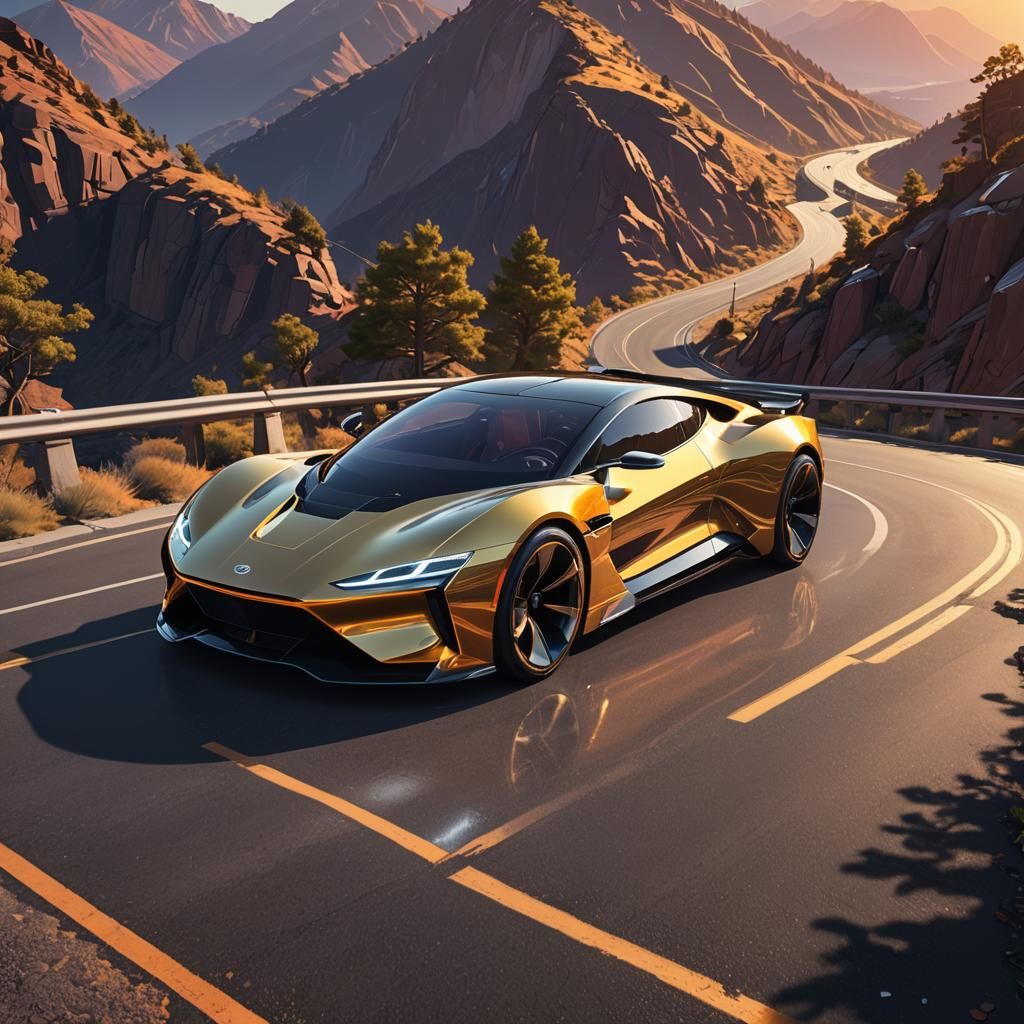 Futuristic Electric Vehicle on Mountain Road in Digital Art