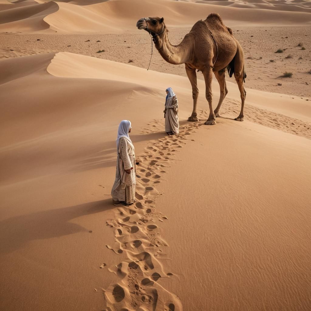 Arab Woman and Camel in Golden Desert Light