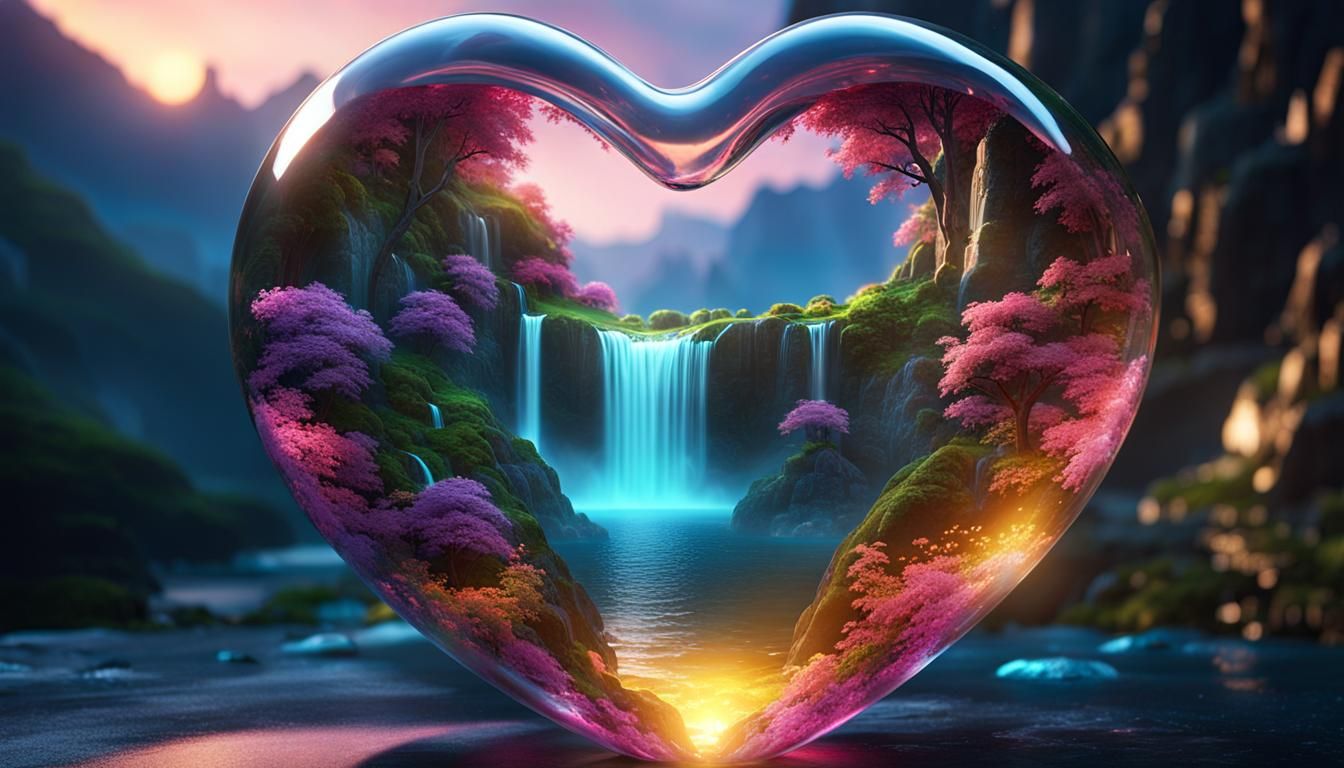 Waterfall Landscape Inside Glass Heart in Cosmic Setting