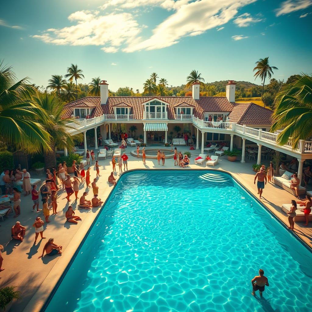 Summer Estate Pool Party in Vibrant, Surreal Style