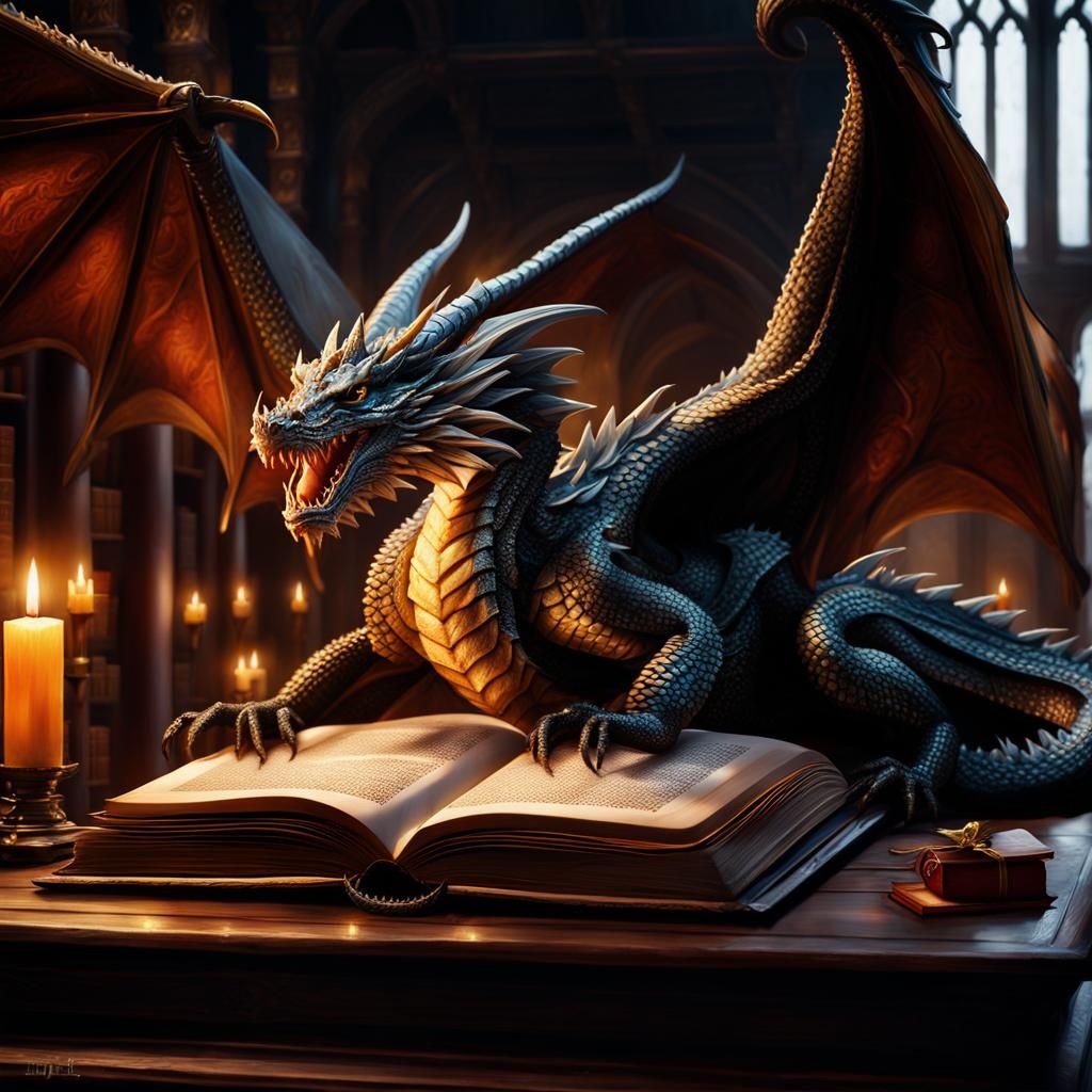 Majestic Dragon Resting on Glowing Book, Oil Painting