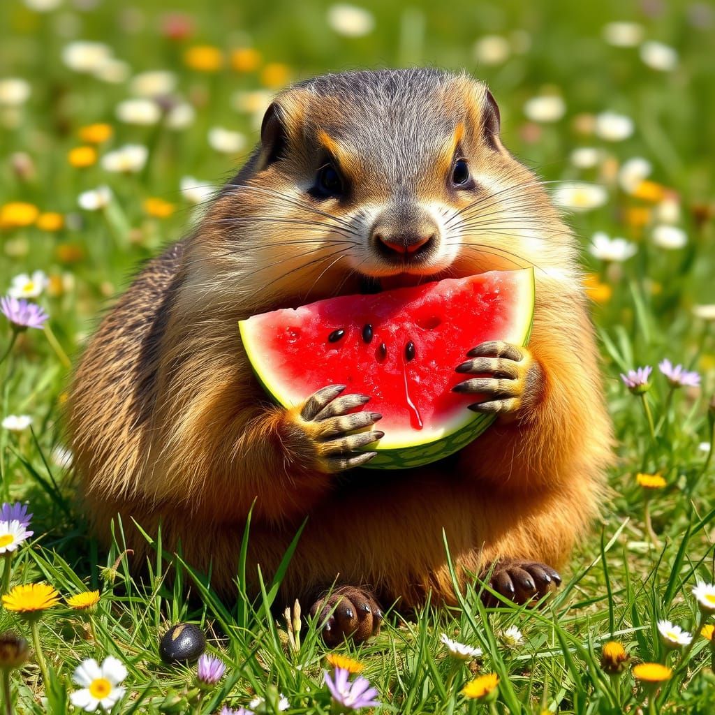 Marmot's Delight: Watermelon Feast in Summer Meadow