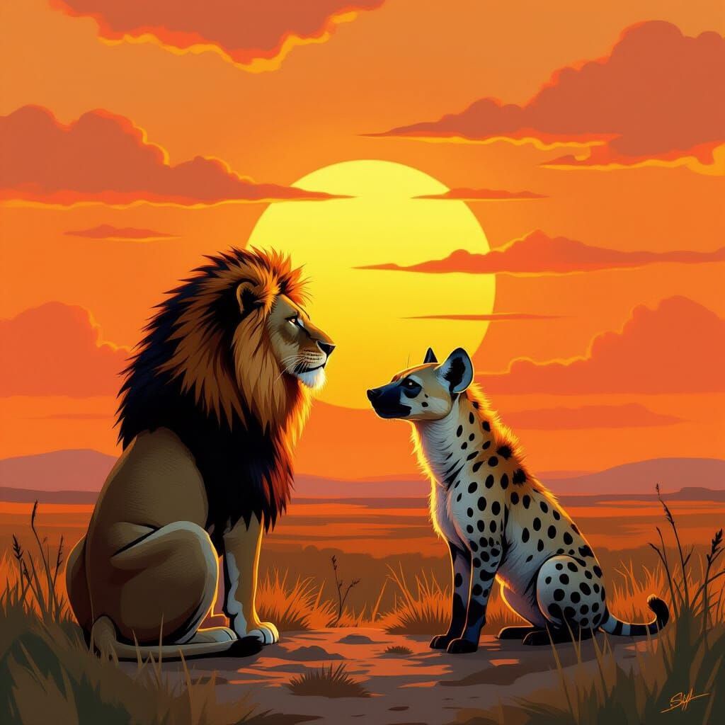 Lion and Hyena Watch Vibrant Sunset in Ethereal Style
