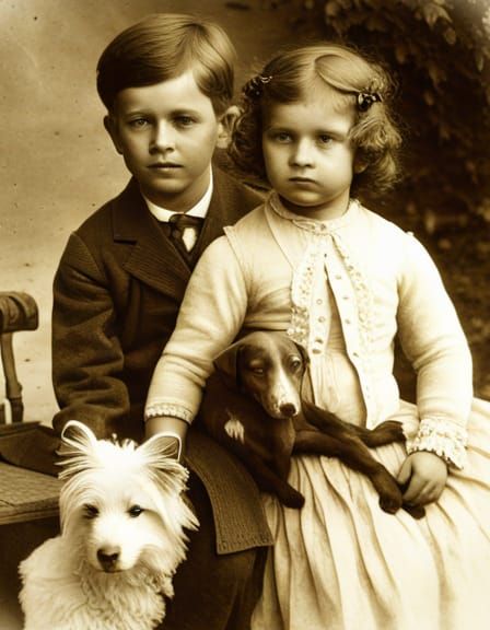 19th Century Siblings with Dog in Sepia Tone