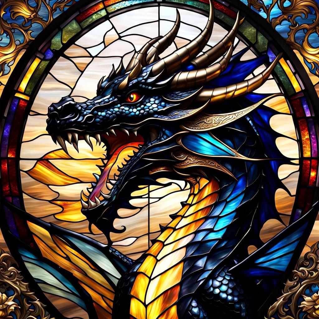 Epic Stained Glass Dragon in Black and Gold
