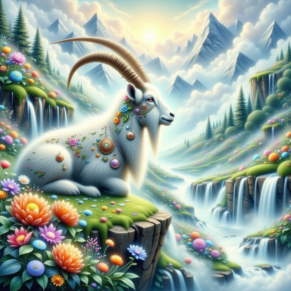 Mystical Goat Amidst Whimsical Chinese Landscape