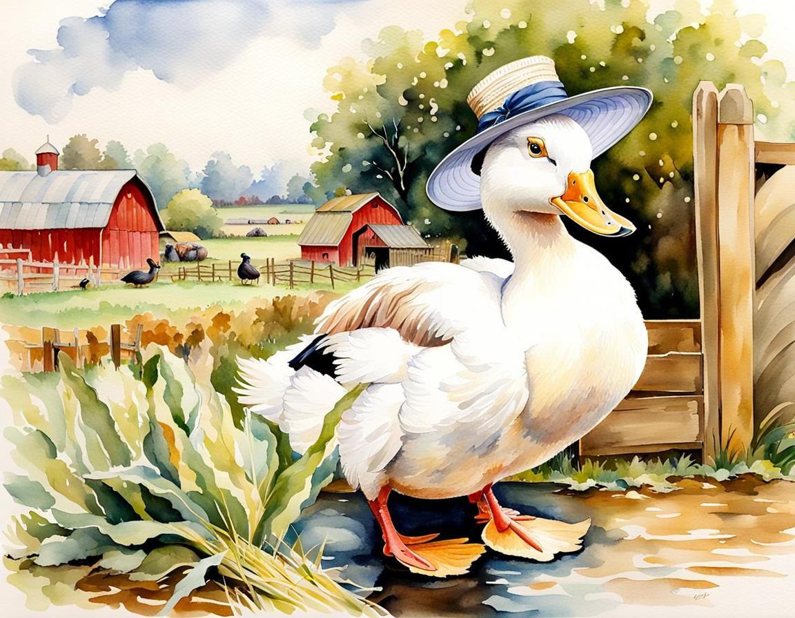 Jemima Puddle-Duck in Farmyard Watercolor Painting
