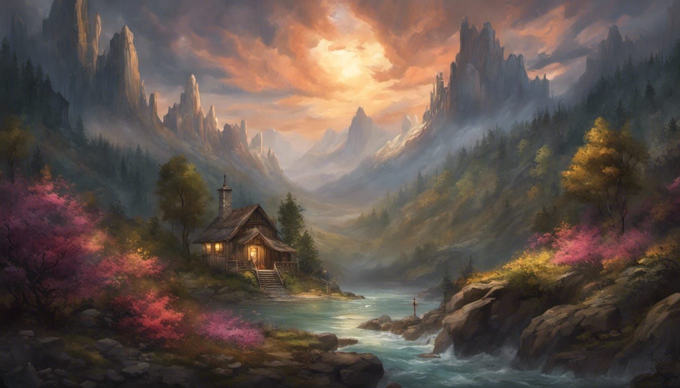 Fantasy Mountain Landscape with Waterfall and Cabin