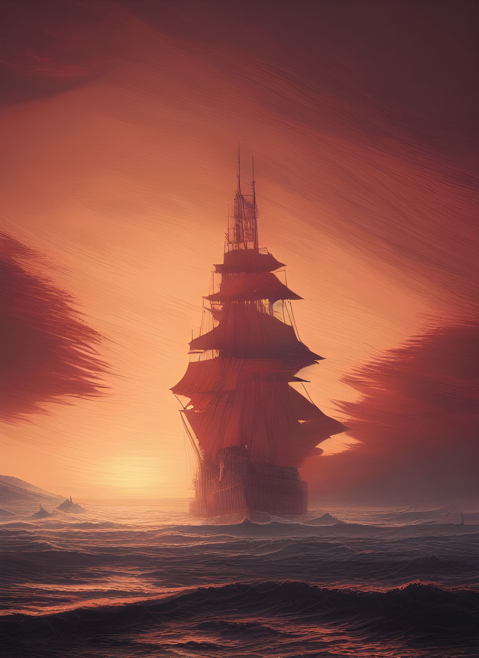 Grand Red Ship in Stormy Seas
