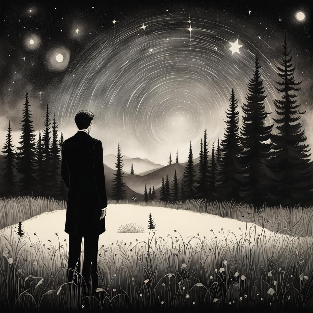 Sinister Lawyer Gazing at Starlit Meadow