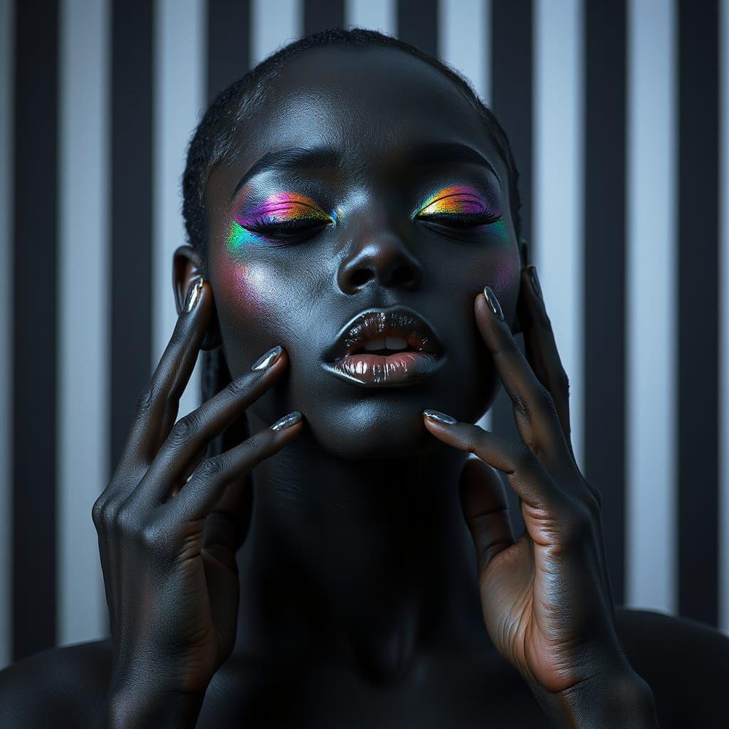 Avant-Garde Portrait: Woman with Matte Black Skin and Rainbo...