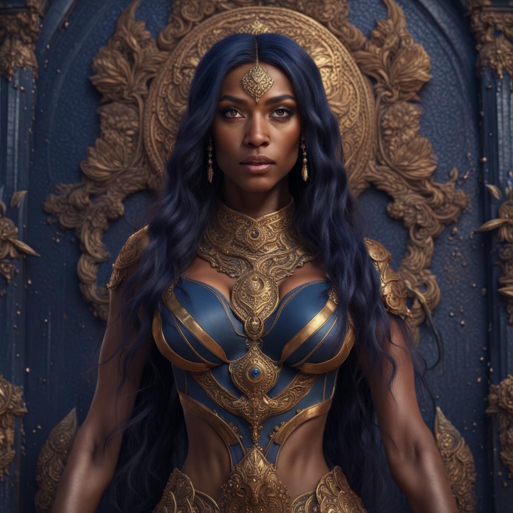 Brown Skinned Deity with Blue Hair, Detailed Matte Painting