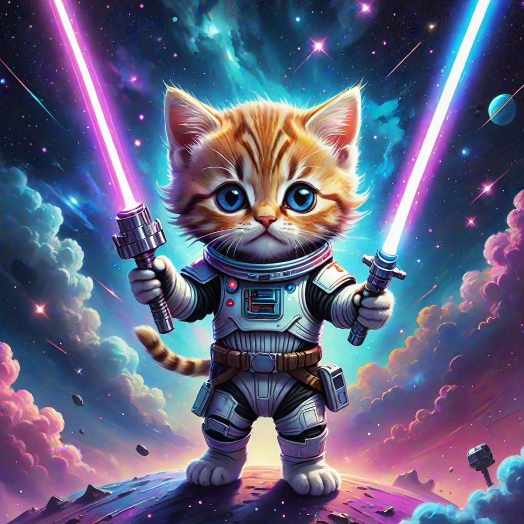 Adorable Kitten Wields Glowing Light Saber in a Vibrant Spac...