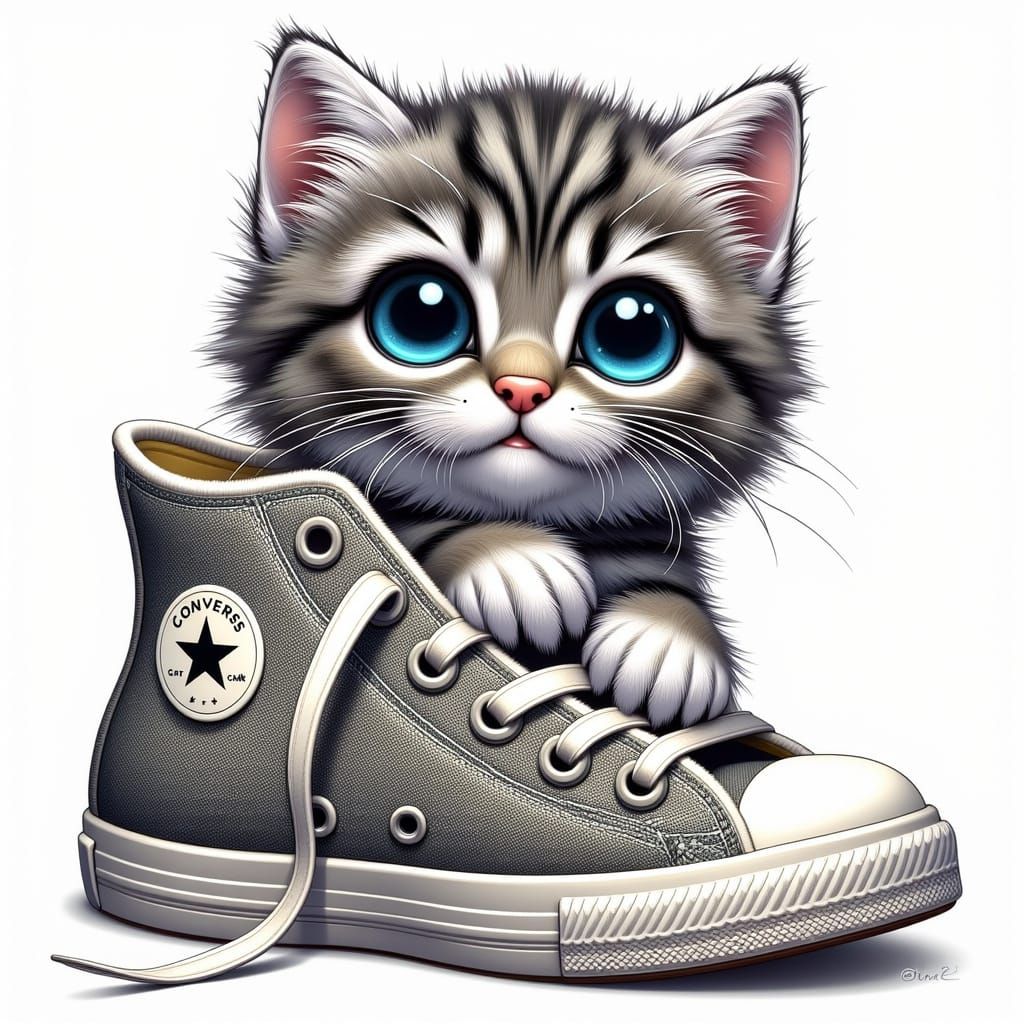 Cute Cartoon Kitten in High-Top Shoe Digital Painting