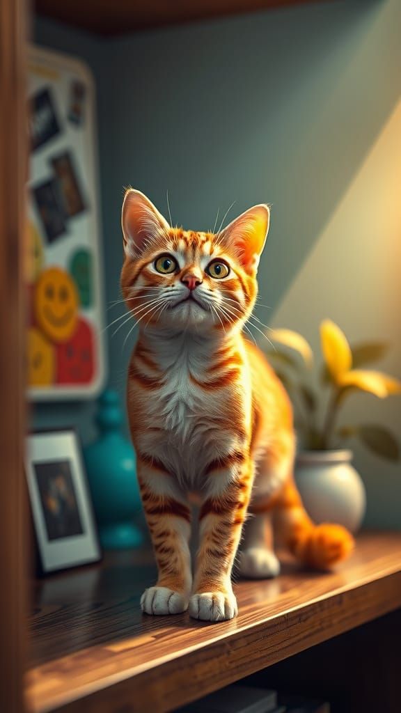 close up image Cute feline made cat standing on a room shelf...