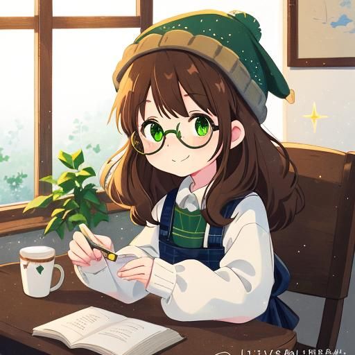 Anime Girl with Glasses in Ghibli Style