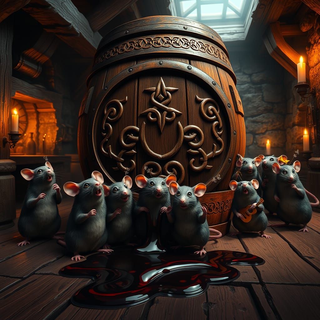 Mystical Tavern Scene with Smiling Rats and Spilled Rum