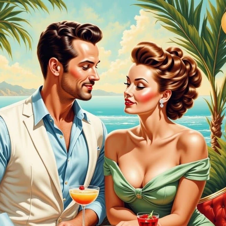 Man Enjoys Pina Colada in 1980s Bar Scene, Watercolor